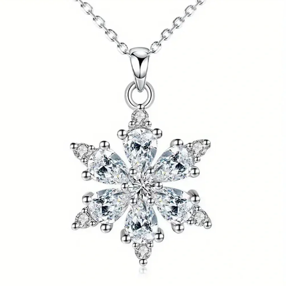 Silver Chain Sky Blue Snowflake Pendant Necklace - NEW